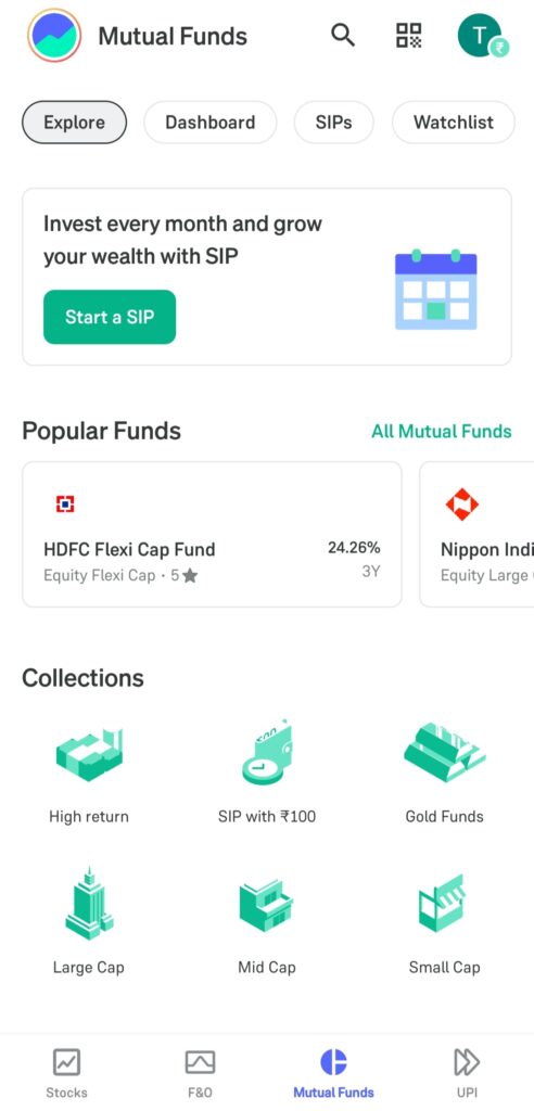 Mutual funds explore page on Groww App – fund options with search and filter tools