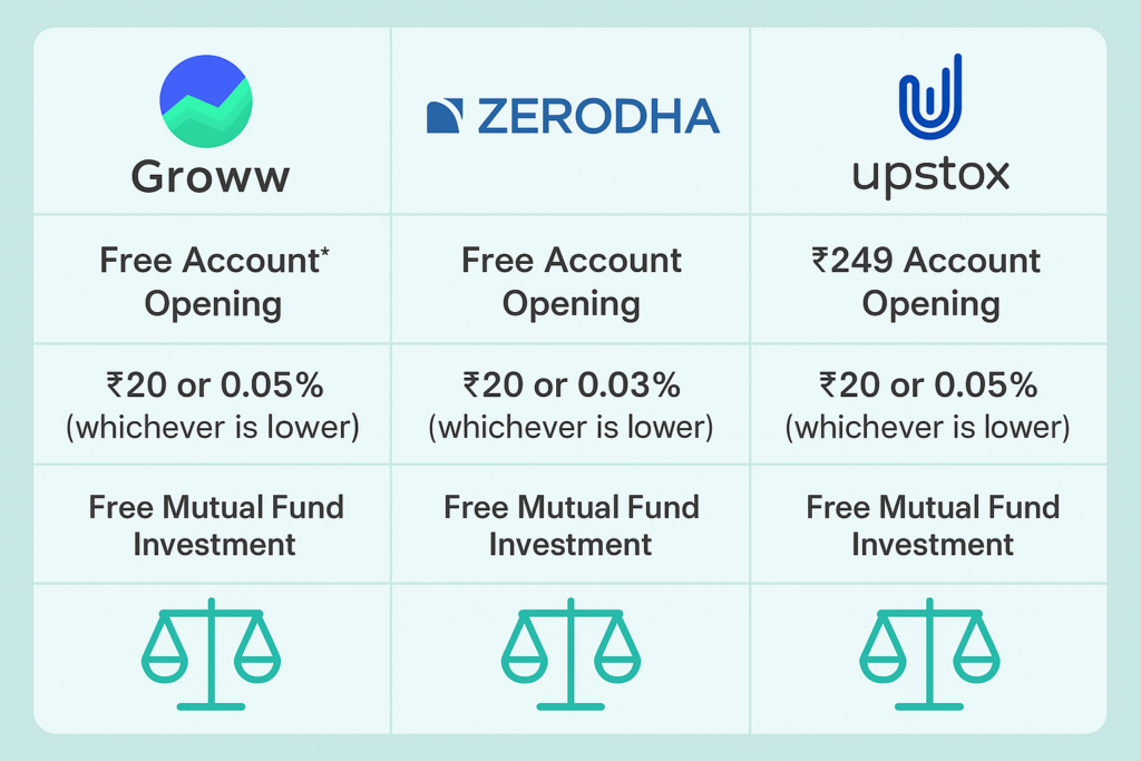 Infographic comparing brokerage charges and features of Groww App, Zerodha, and Upstox