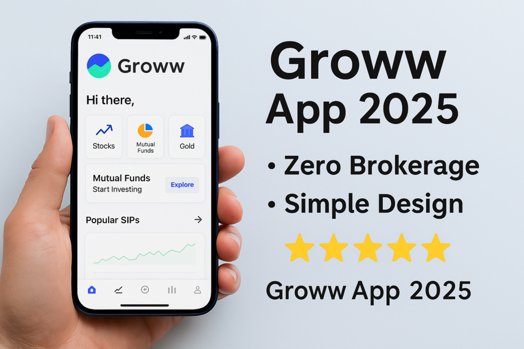 Promotional image of Groww App 2025 showing mobile home screen with zero brokerage and simple design features
